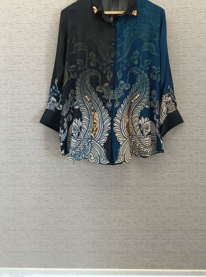 Pure mul silk designer shirt in blue