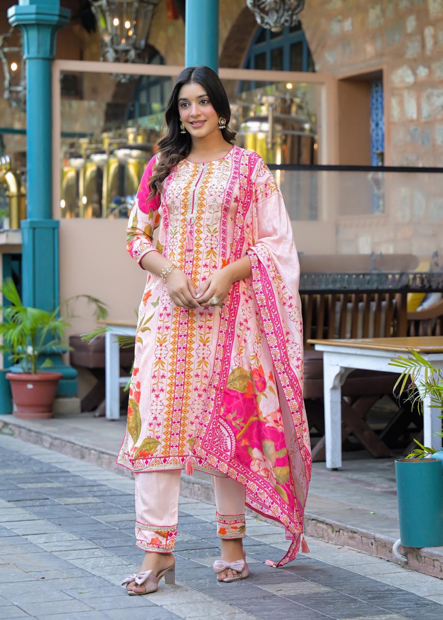 Pure crepe lining full suit in pink