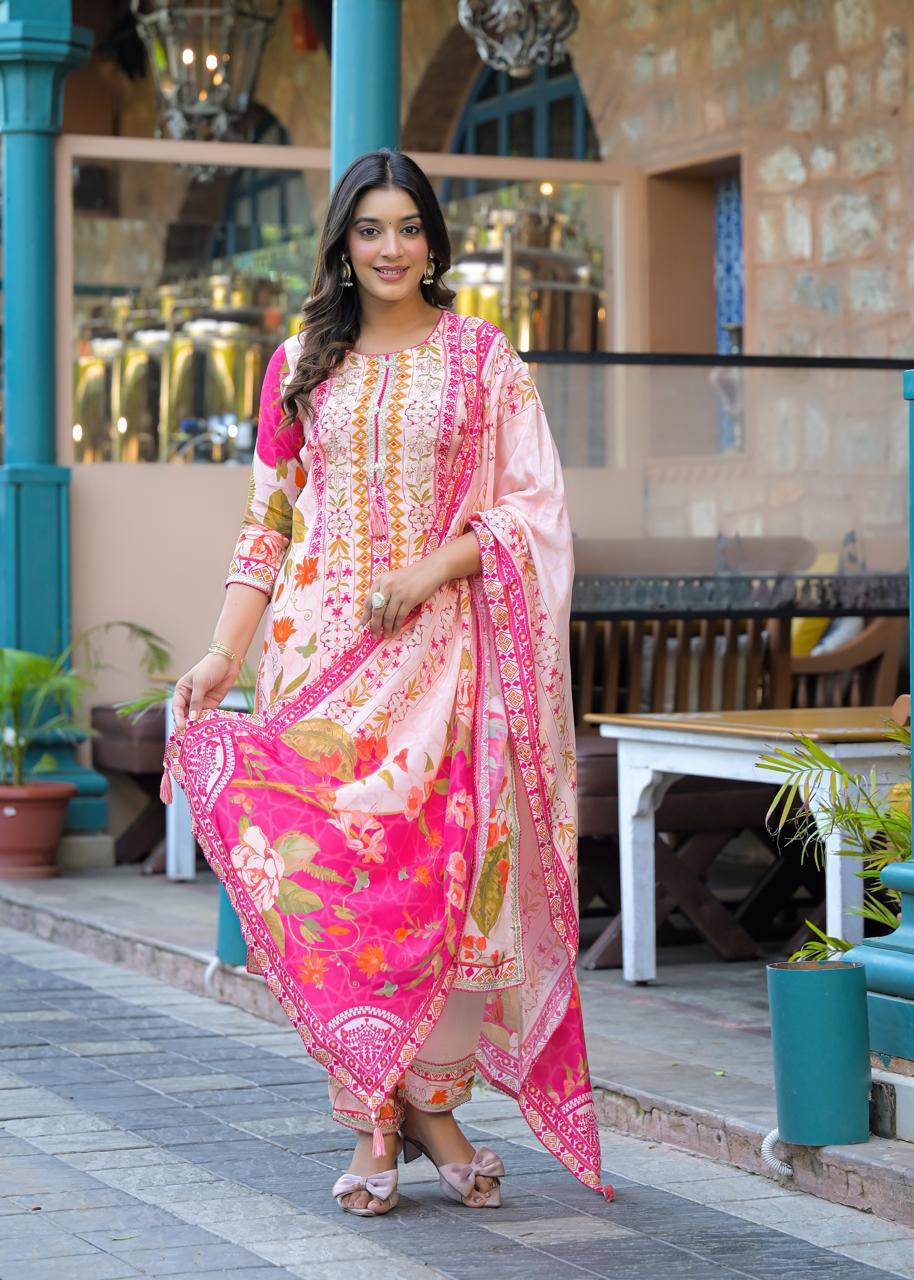 Pure crepe lining full suit in pink