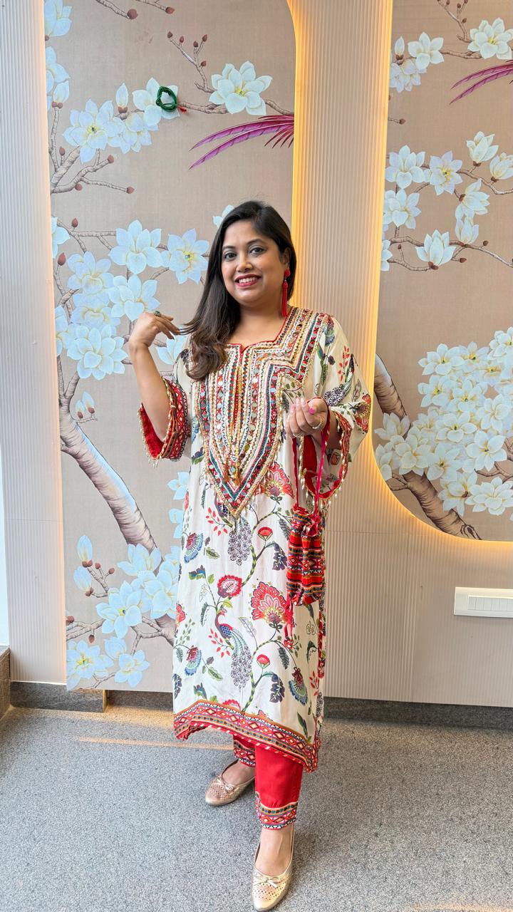 Restocked! Wow premium pure crepe designer co ord set with gotta detailing and real mirror. It comes with potli. Dispatch in next 15-20 days