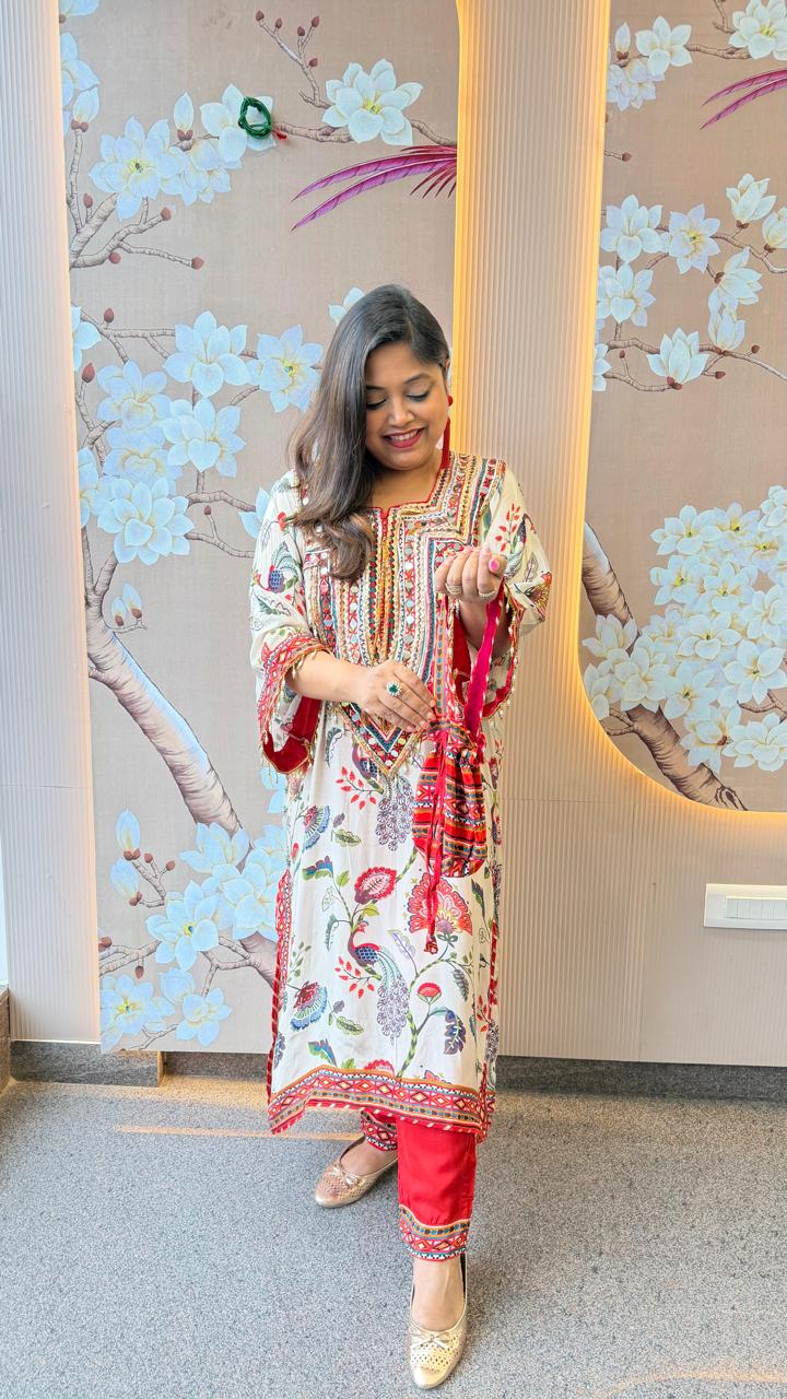 Restocked! Wow premium pure crepe designer co ord set with gotta detailing and real mirror. It comes with potli. Dispatch in next 15-20 days