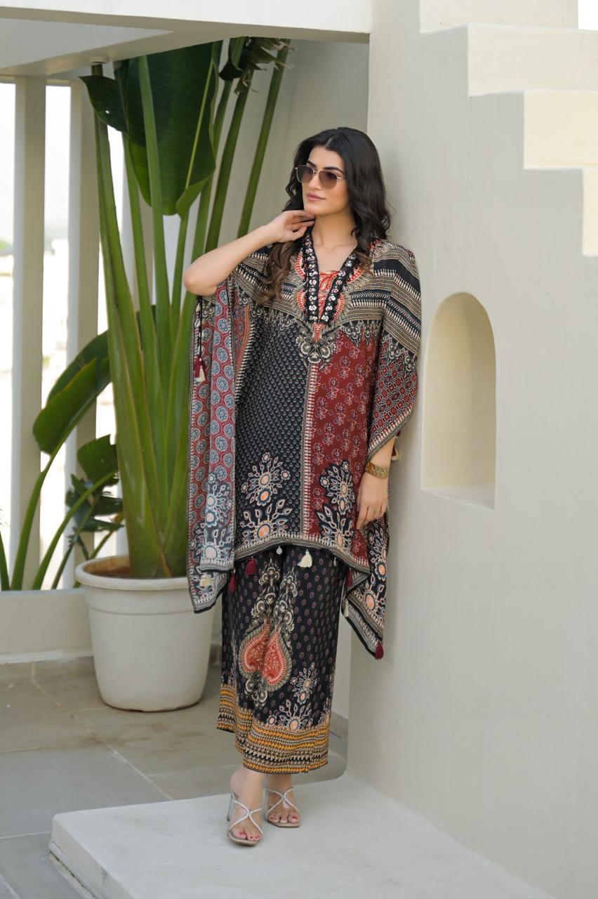 Super pretty n premium crepe ajrakh kaftan co ord