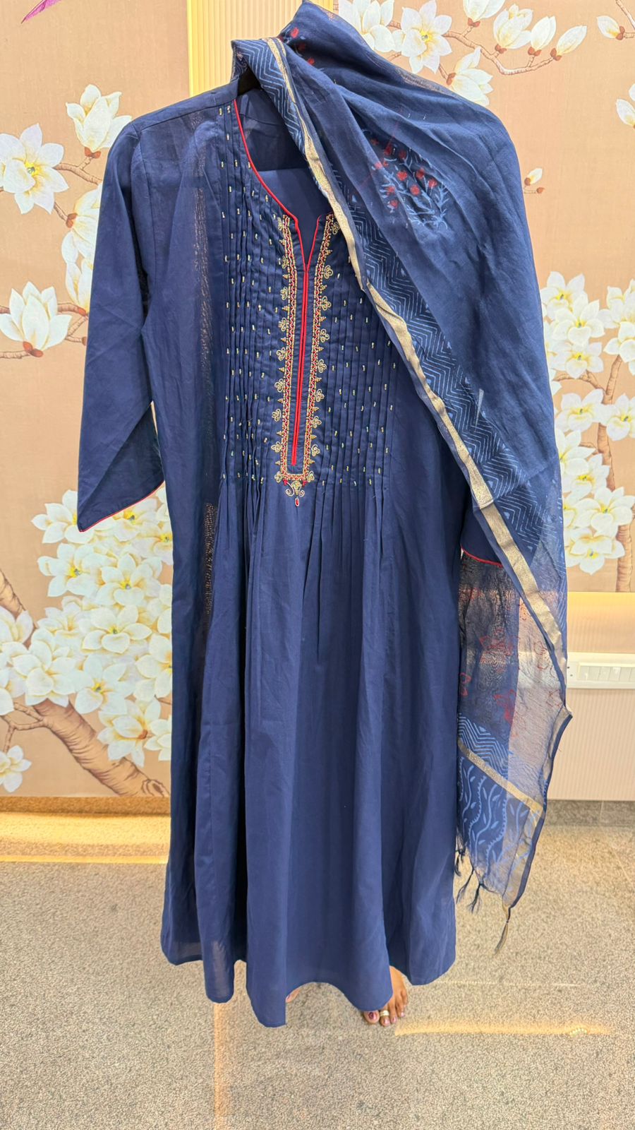 Premium cotton suit set with chanderi dupatta in blue