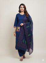 Premium cotton with applique work in blue