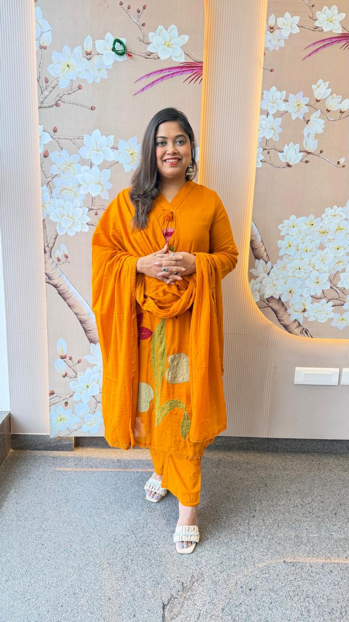 Mul cotton lining applique work suit set