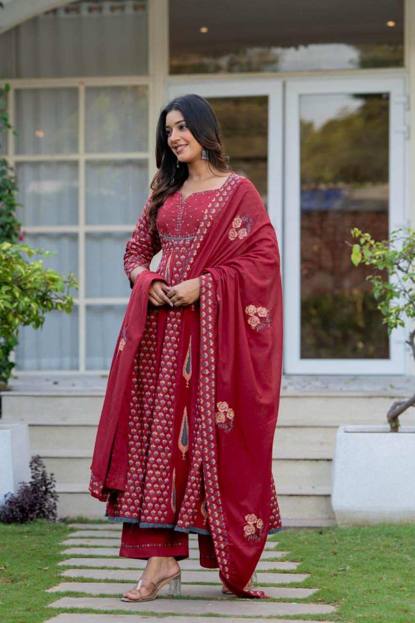 Gorgeous cotton anarkali suit set in red