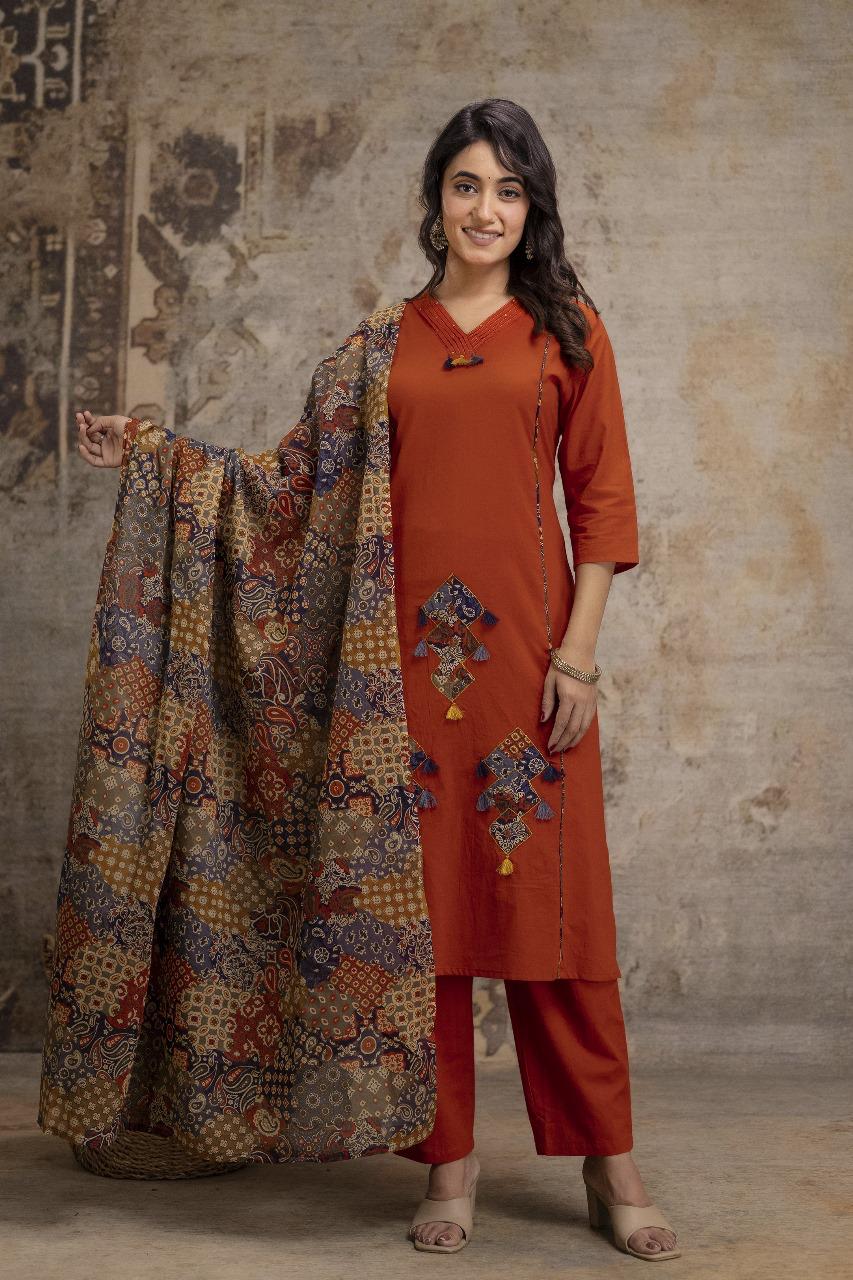 Beautiful applique work suit set in rust