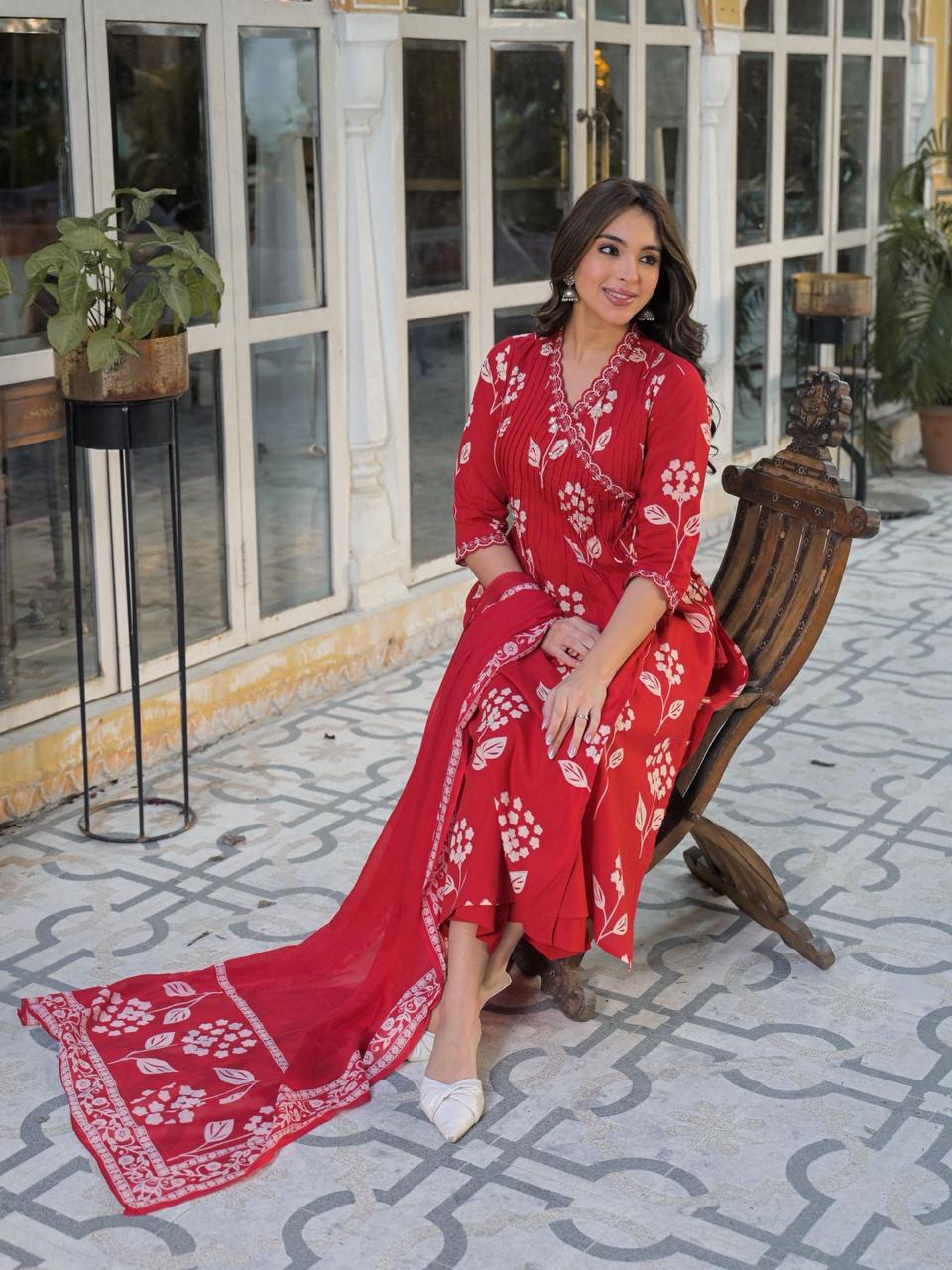 Super pretty cotton red angrakha full suit