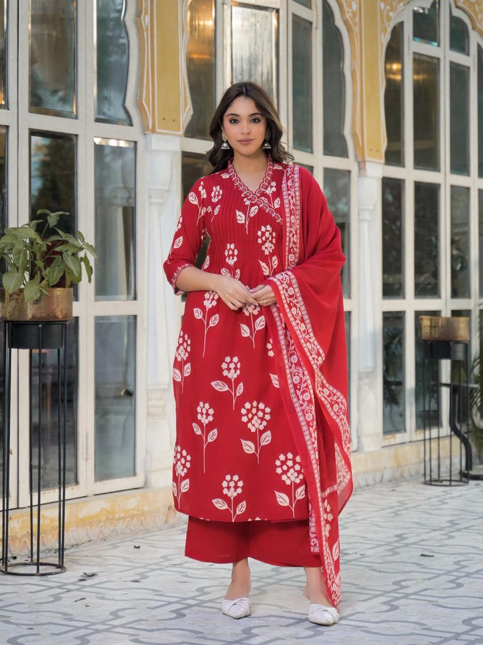 Super pretty cotton red angrakha full suit