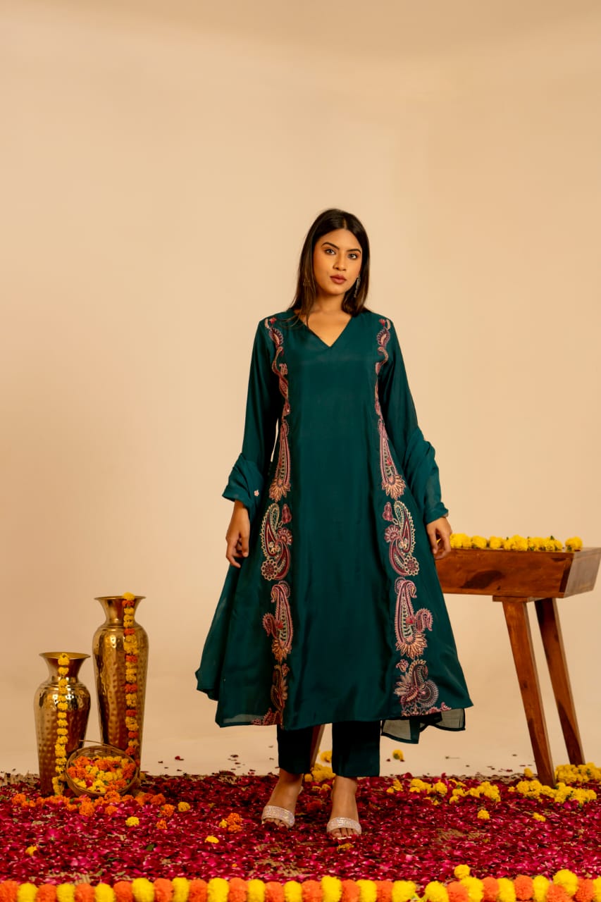 Green pretty pretty bemberg muslin embroidered full suit