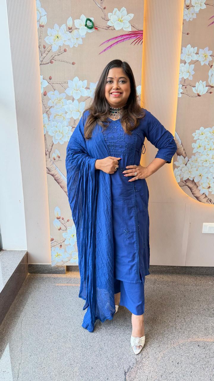 Blue chikankari angrakha premium cotton suit set (slight slim)