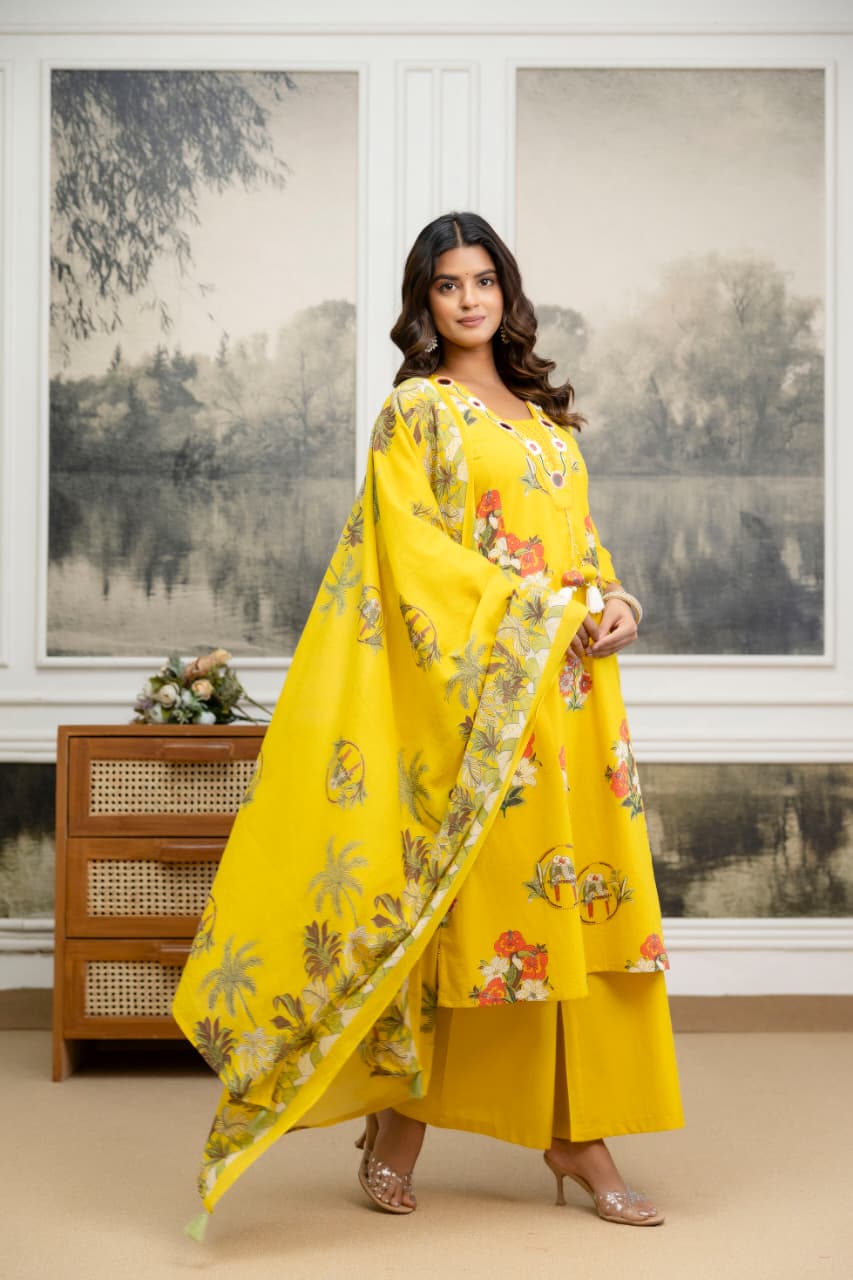 Real mirror lace detailing floral cotton suit set in yellow