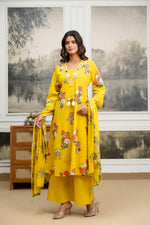 Real mirror lace detailing floral cotton suit set in yellow