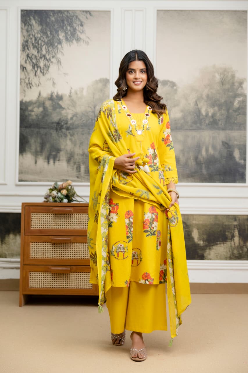 Real mirror lace detailing floral cotton suit set in yellow