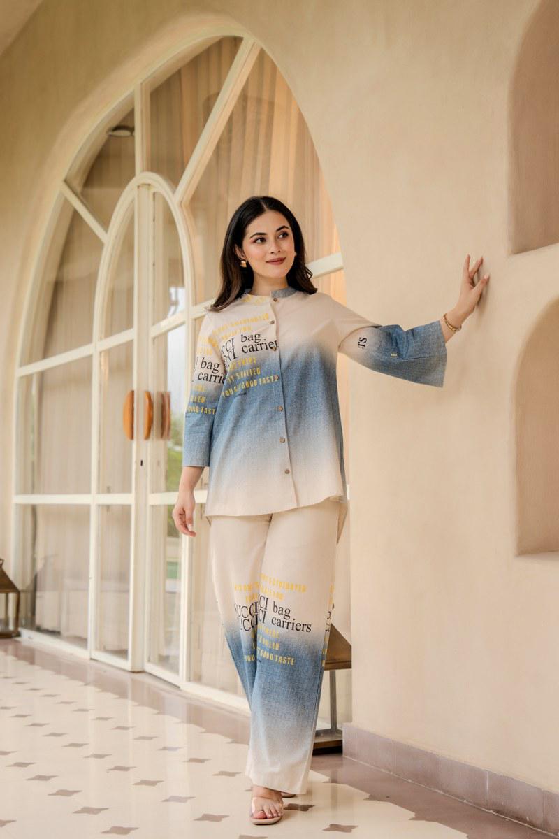 Linen cotton co ord in blue ( Gucci will be replaced with VIBE)