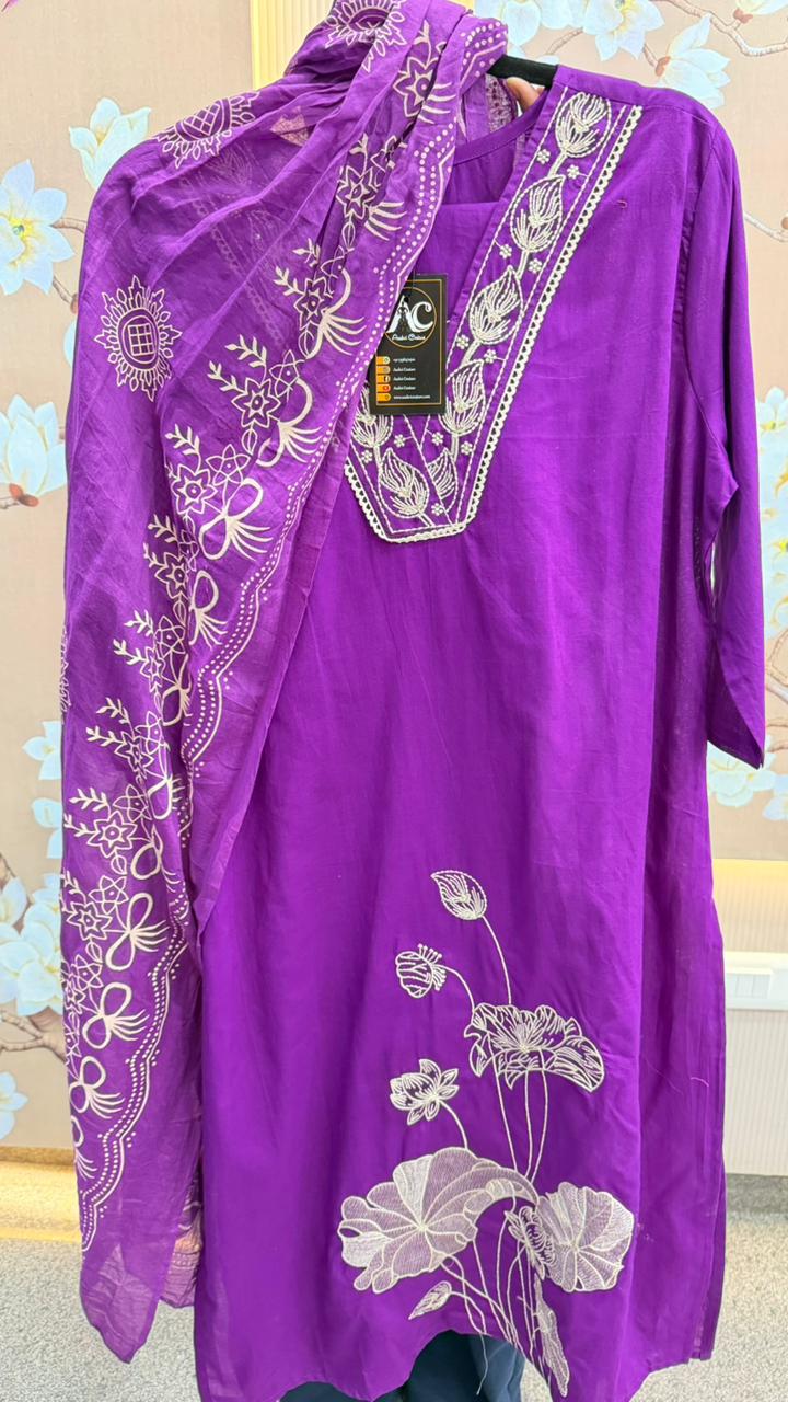 Cotton applique work suit in purple