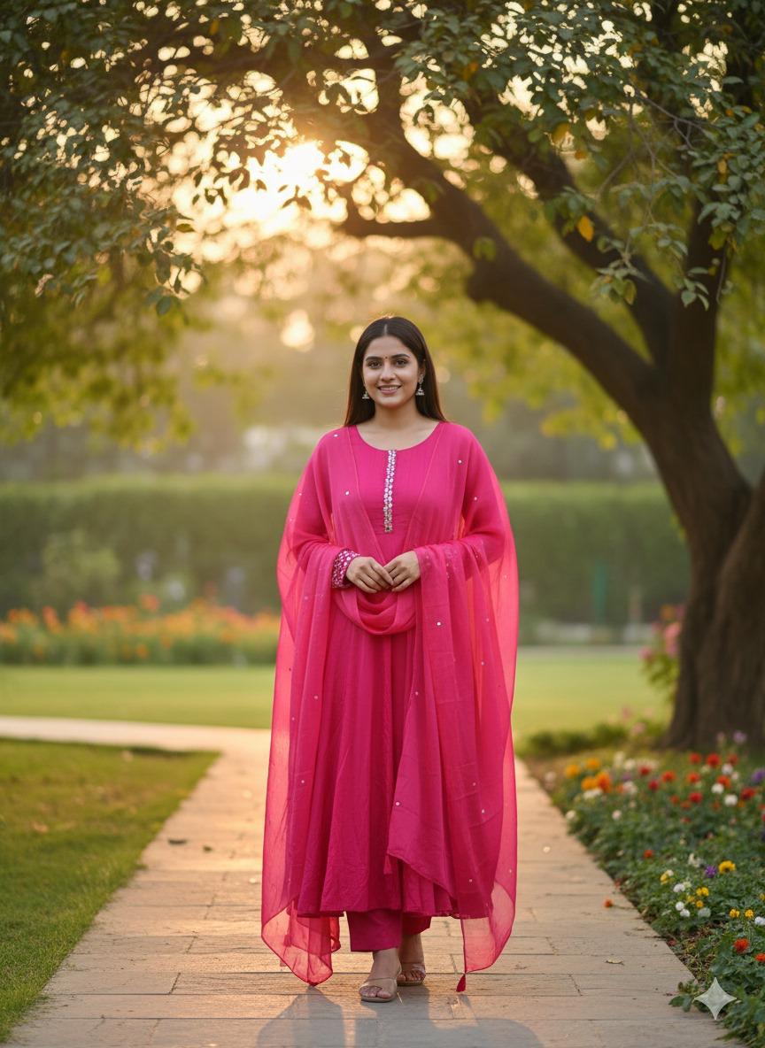 Premium Chinon in pink real mirror Anarkali suit set