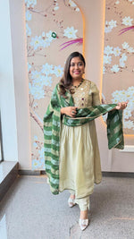 Premium tissue real mirror work suit set in green