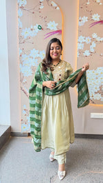 Premium tissue real mirror work suit set in green