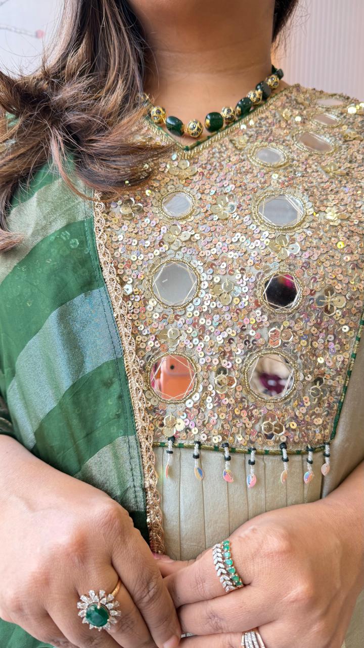 Premium tissue real mirror work suit set in green