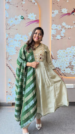 Premium tissue real mirror work suit set in green