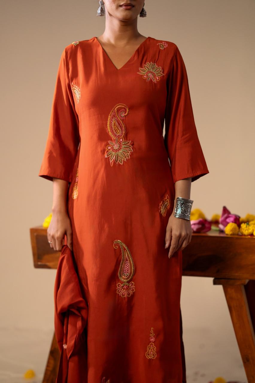 Bemberg muslin multi thread embroidered full suit set