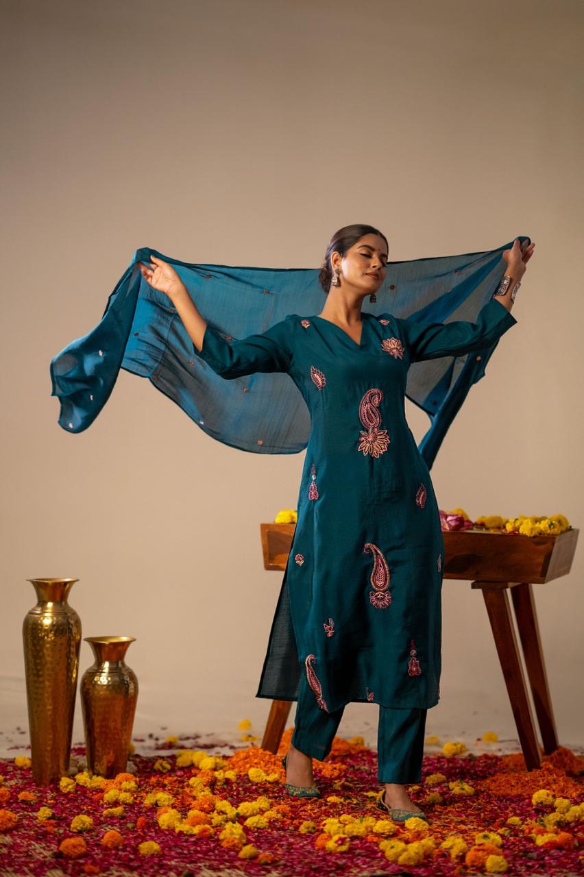 Bemberg muslin multi thread embroidered full suit set in blue