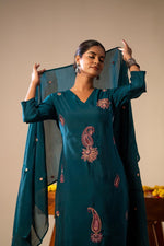 Bemberg muslin multi thread embroidered full suit set in blue