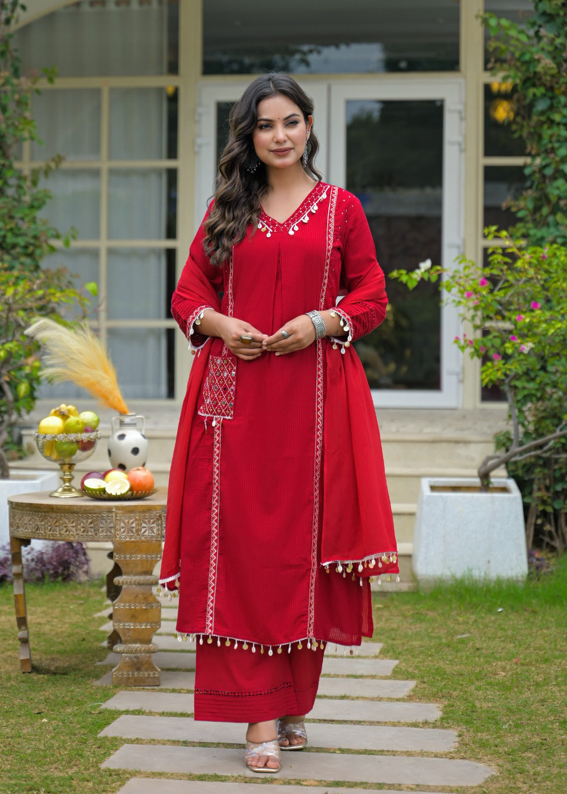Premium cotton with coin detailing and with lining red suit set