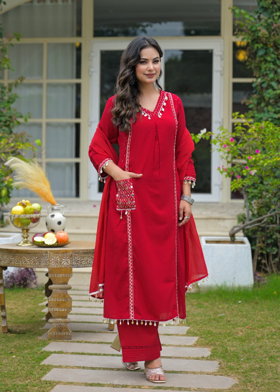 Premium cotton with coin detailing and with lining red suit set