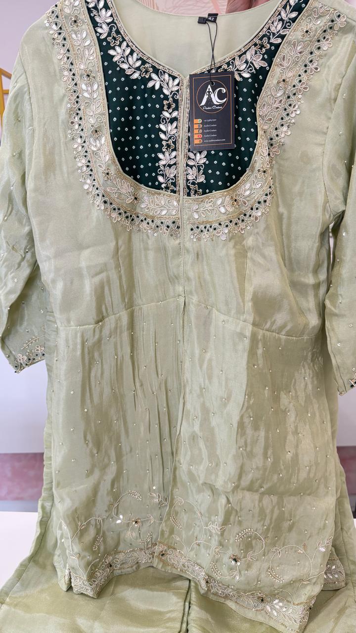 Premium tissue co ord in green with heavy hand work
