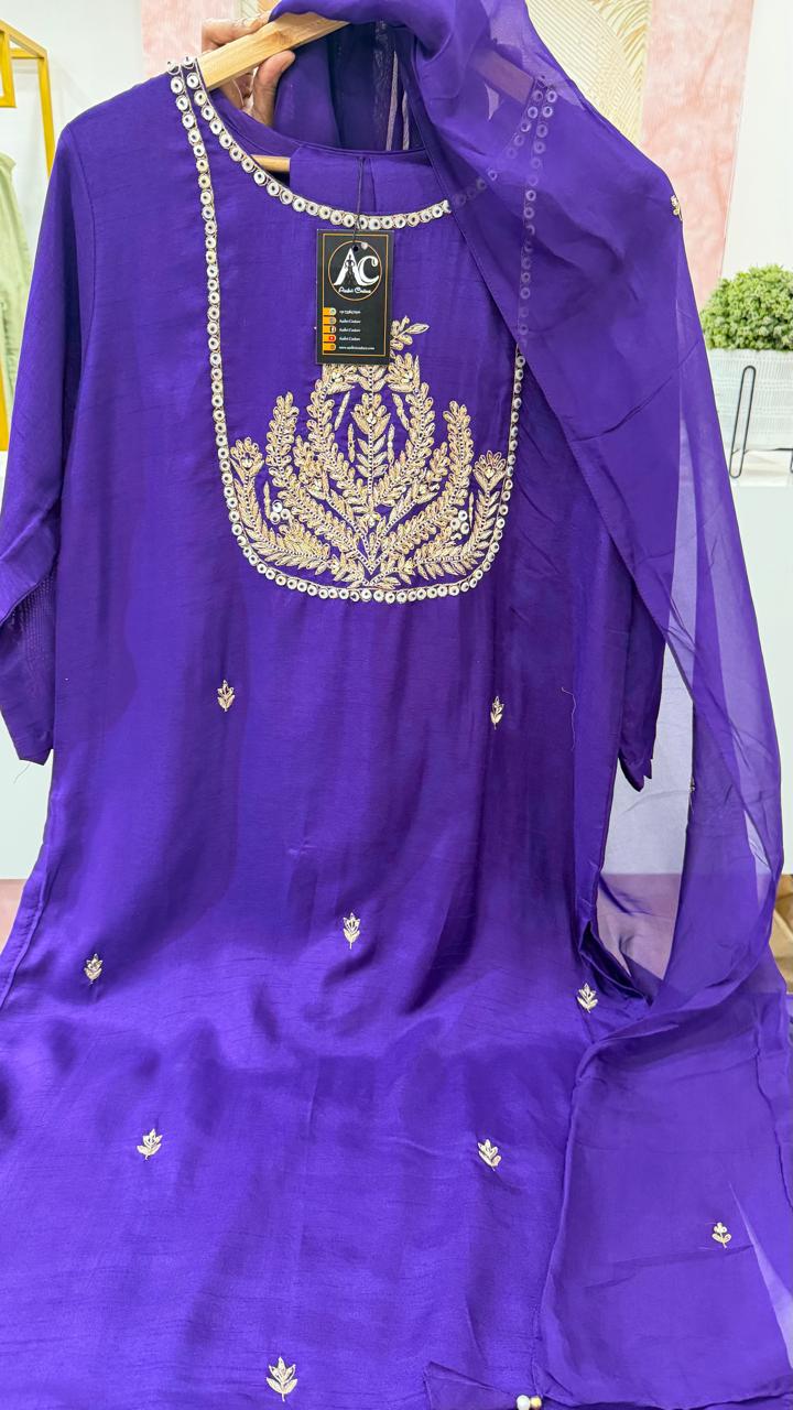 Pretty dola silk with pretty handwork suit set paired with orgenza dupatta