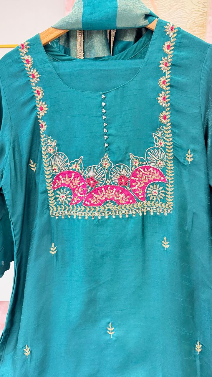 Super pretty dola silk Zari detailing suit in Green