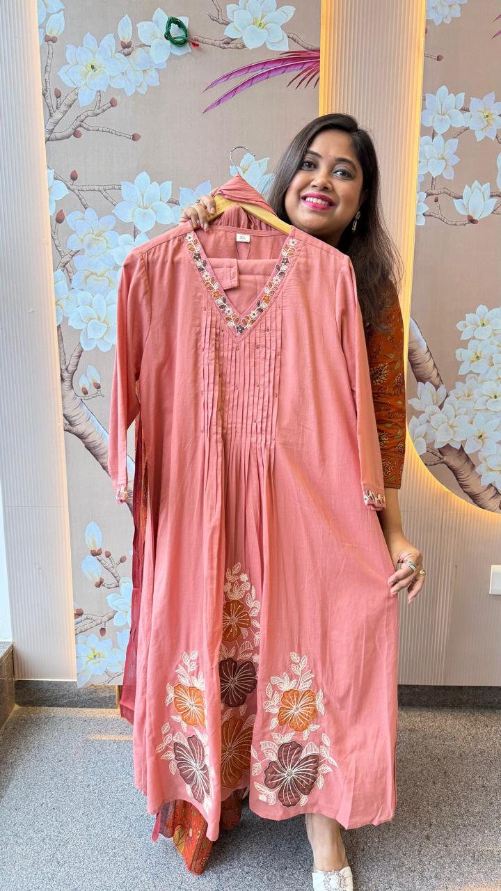 Premium cotton embroidered suit set in peach