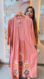 Premium cotton embroidered suit set in peach