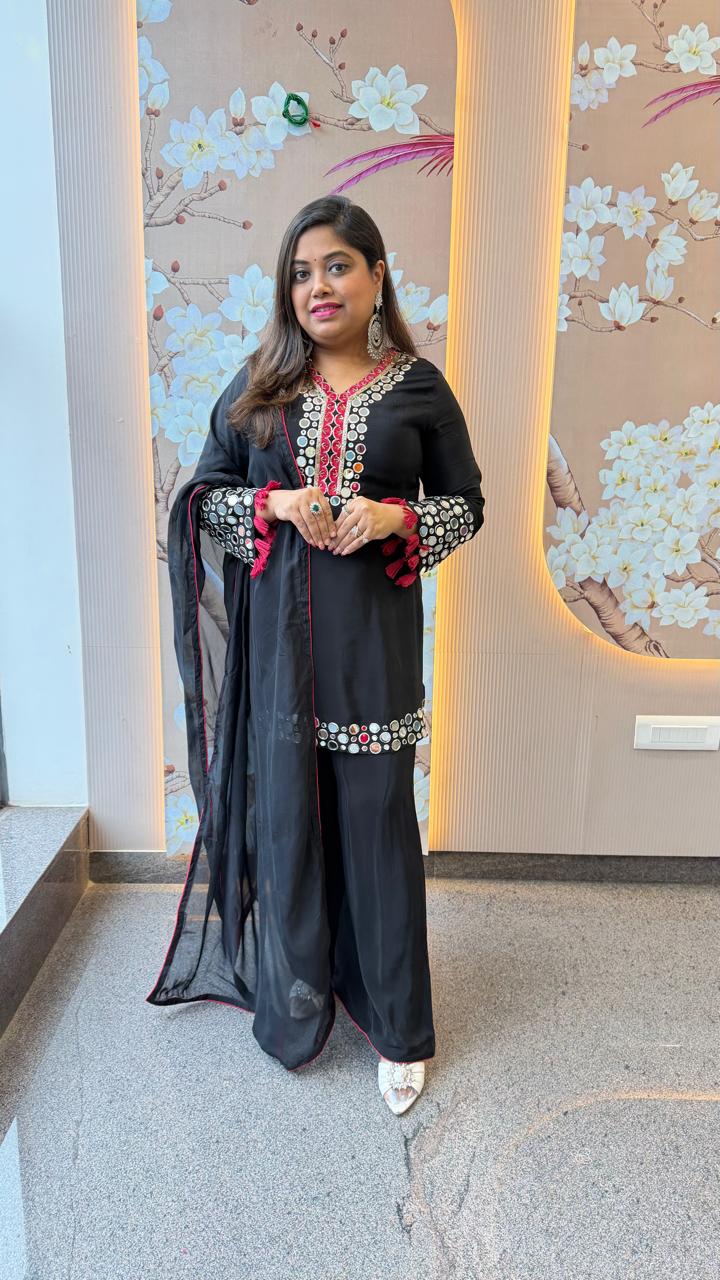 Pure crepe real mirror suit set in black