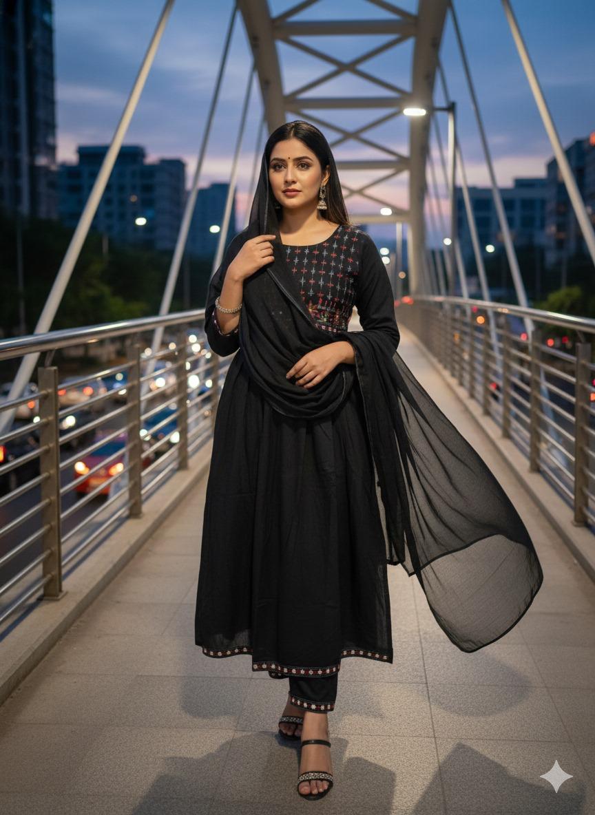 Black cotton embroidery suit set