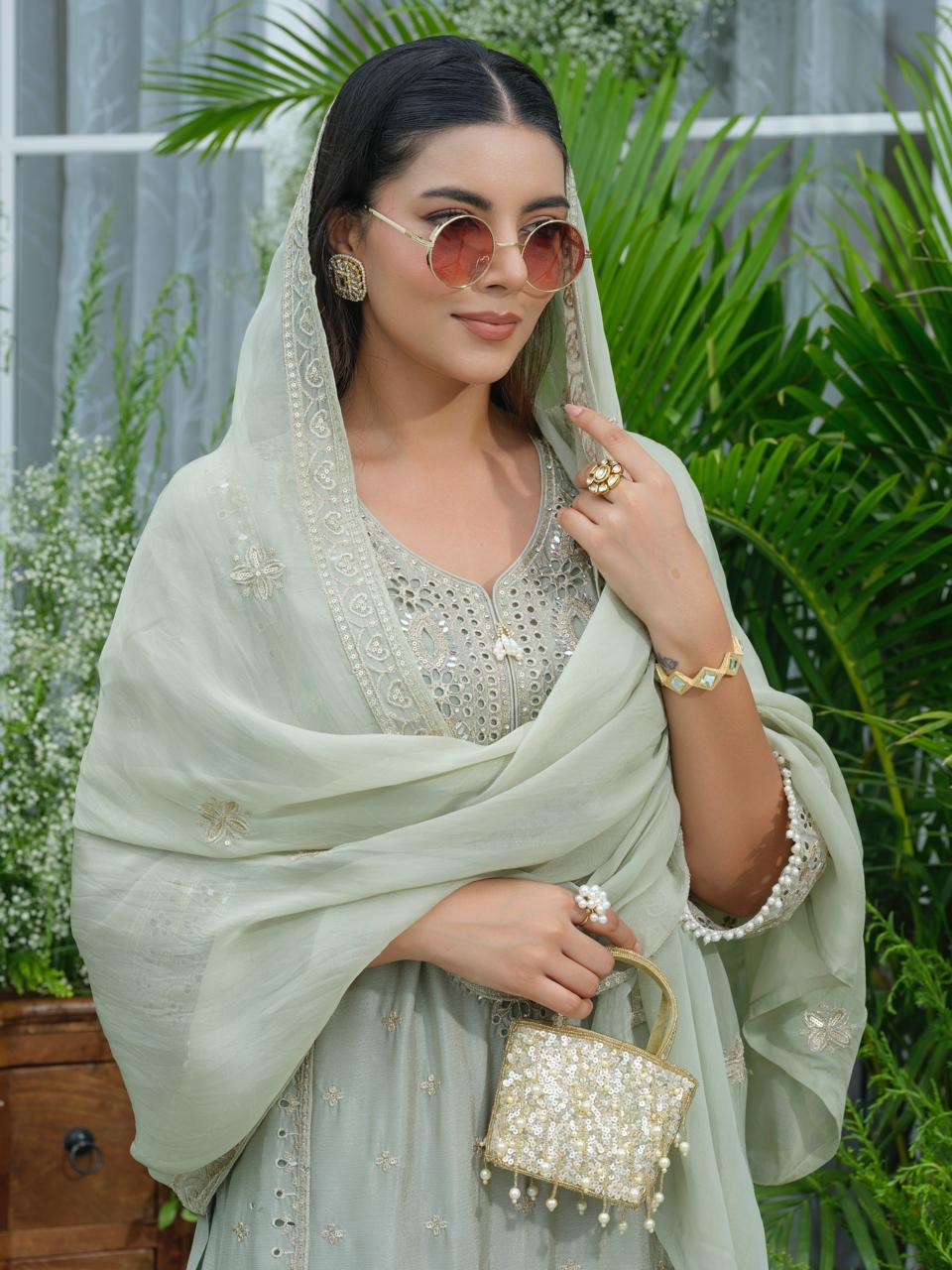 Mint green chinon with heavy shifli n embroidery suit set