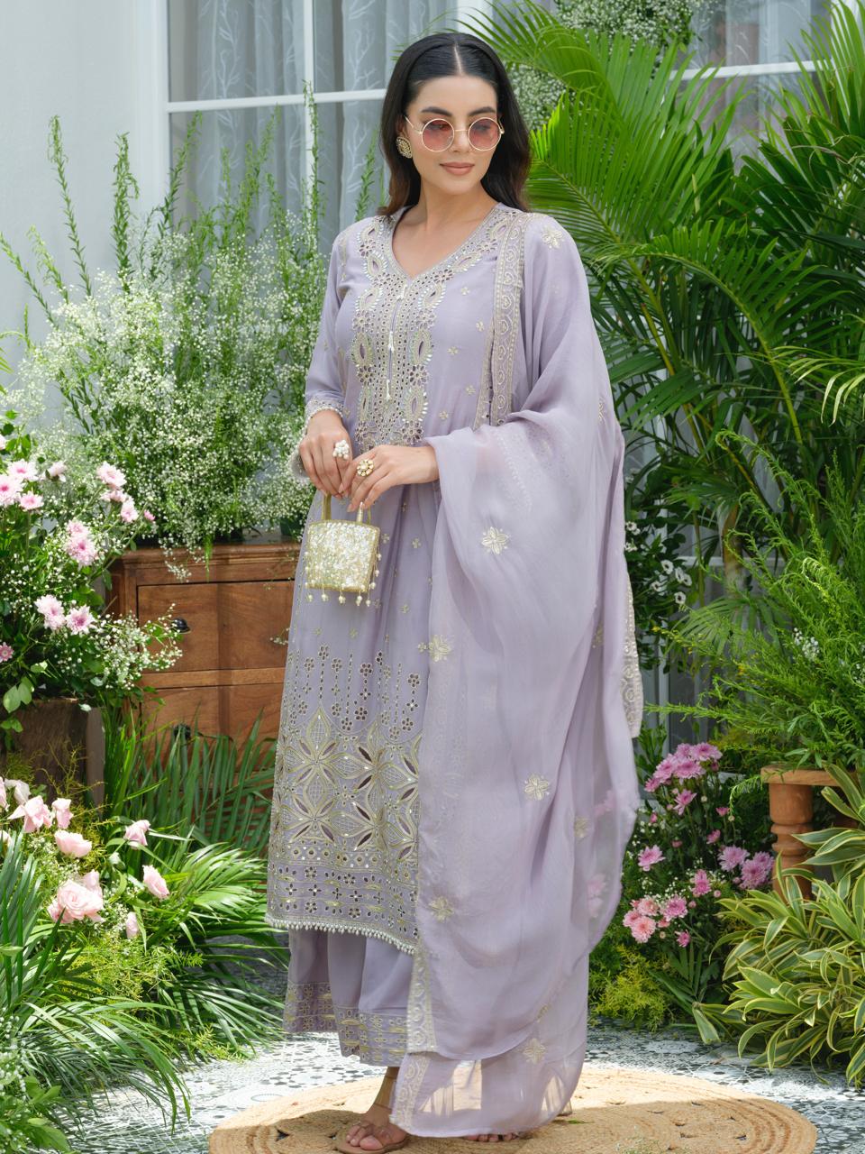 Lilac chinon with heavy shifli n embroidery suit set