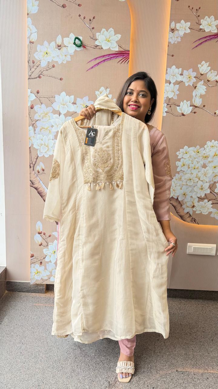 Premium tissue ivory full suit set with designer back