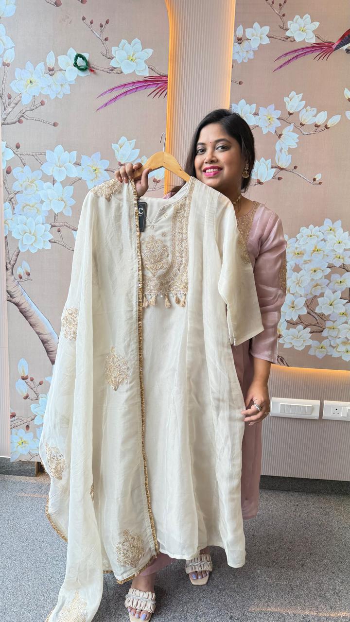 Premium tissue ivory full suit set with designer back