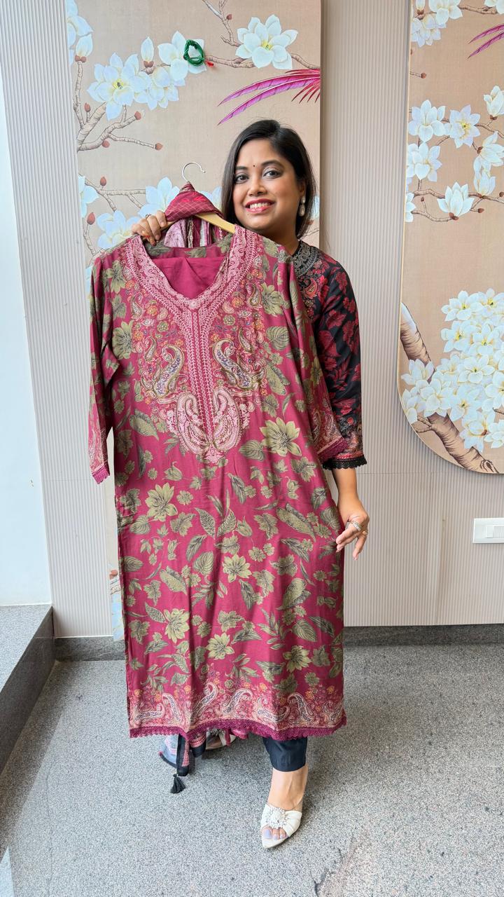 Kashmiri printed pure Mul silk lining suit set