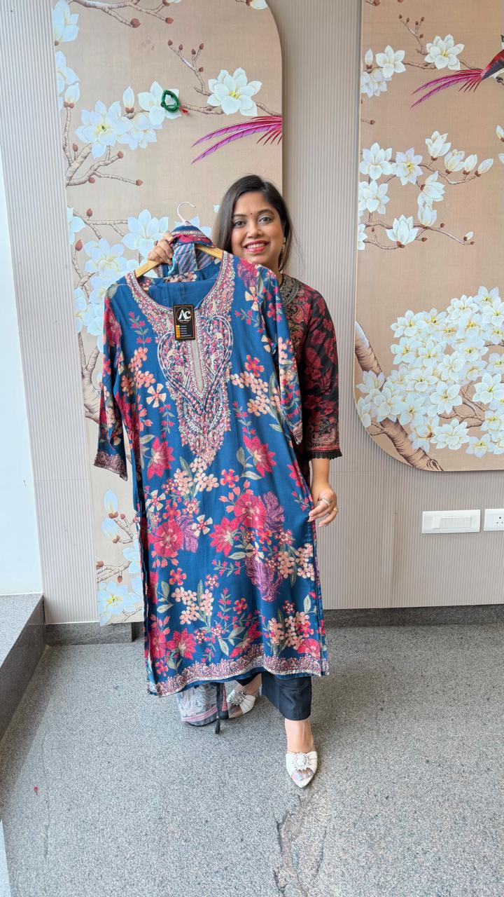 Kashmiri printed pure Mul silk lining suit set in blue