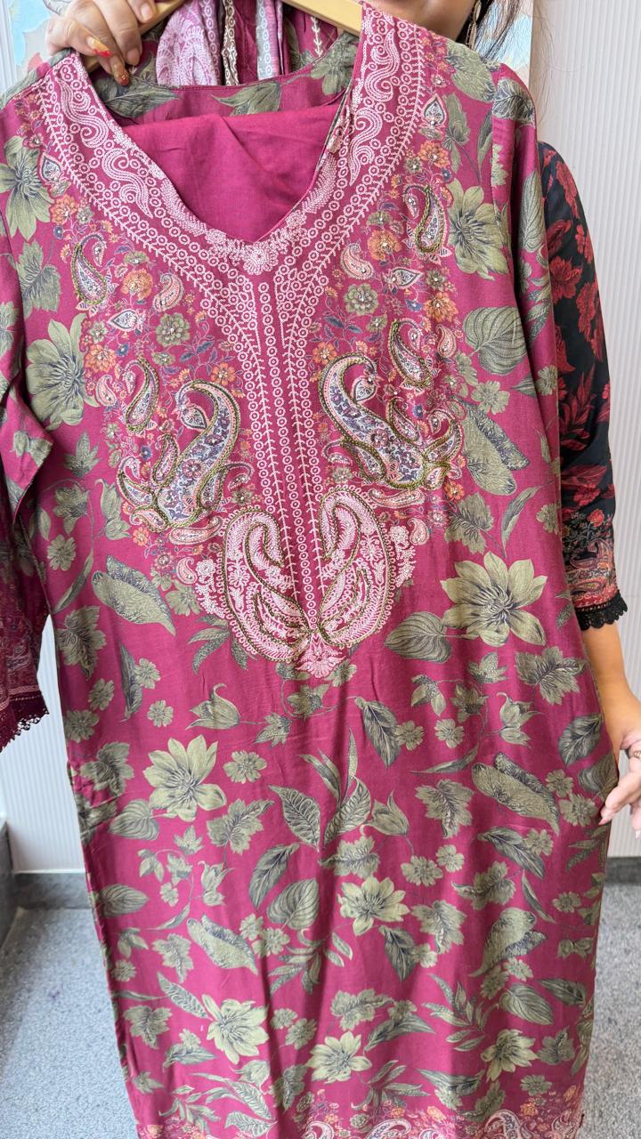 Kashmiri printed pure Mul silk lining suit set