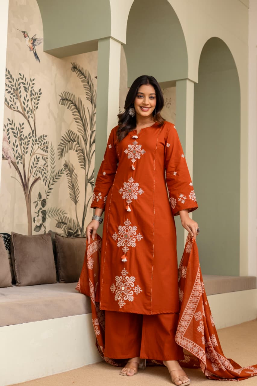 Smart cotton fully embroidered full suit set in rust