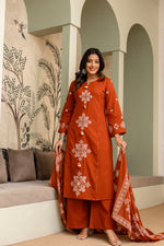 Smart cotton fully embroidered full suit set in rust