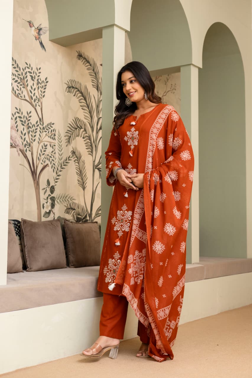 Smart cotton fully embroidered full suit set in rust