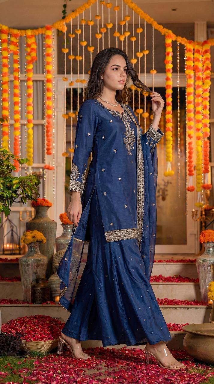 Gorgeous pure silk zari detailing palazzo suit set in blue