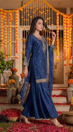 Gorgeous pure silk zari detailing palazzo suit set in blue