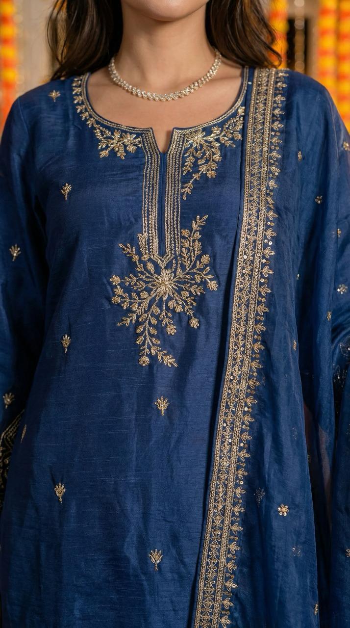 Gorgeous pure silk zari detailing palazzo suit set in blue